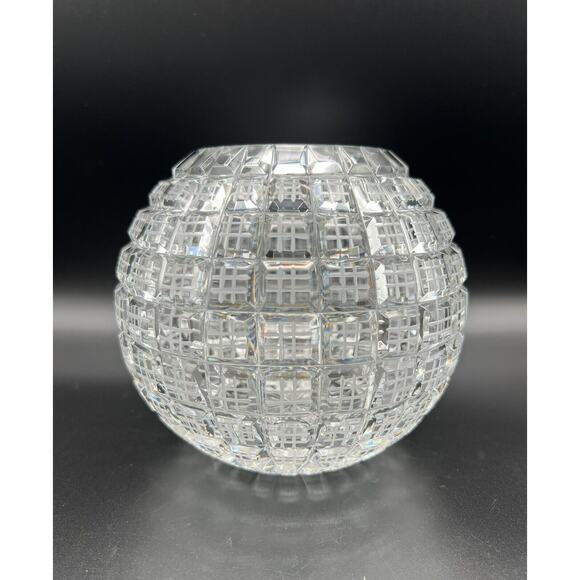 Ofnah Hand Cut Crystal 5” Mirrorball Checkered Rose Bowl Vase ~ Made in Poland